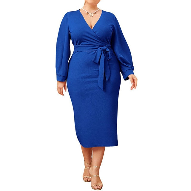 Elegant Long Sleeve Plus Size Deep V Lace Up Midi Bodycon - Plus Size Dress