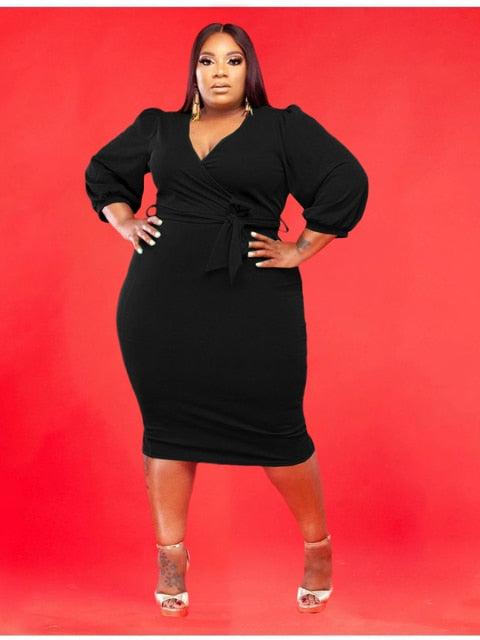 Elegant Long Sleeve Plus Size Deep V Lace Up Midi Bodycon - Plus Size Dress