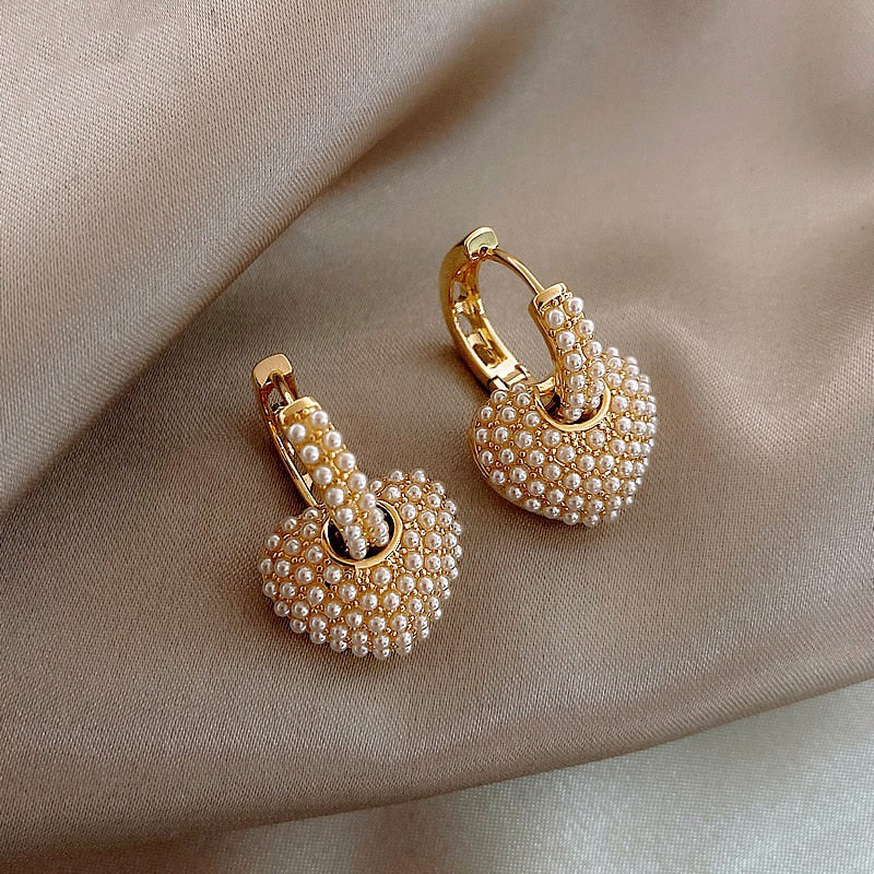 Celebrity Style Pearl Peach Heart Love Dangle Earrings