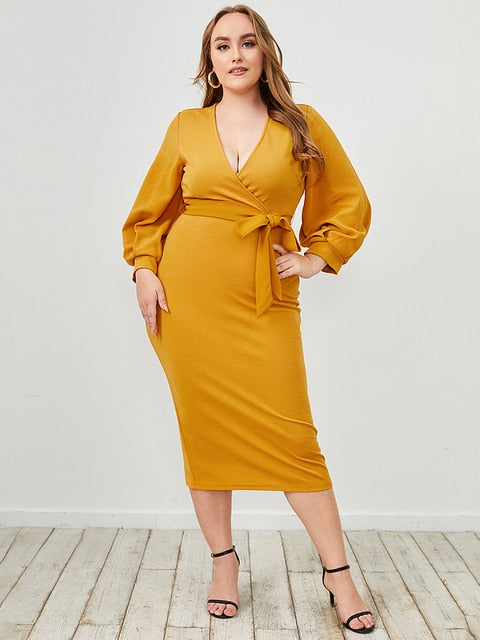 Elegant Long Sleeve Plus Size Deep V Lace Up Midi Bodycon - Plus Size Dress