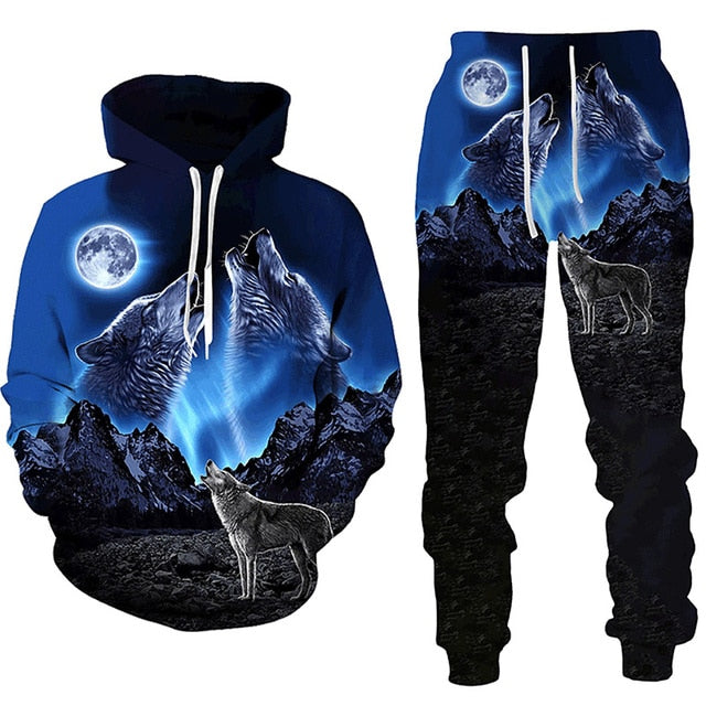 Forest Wolf 3d Printed Hoodie Suit Male Autumn Winter Casual Sweashirts Sweatpants Men Tracksuit Set