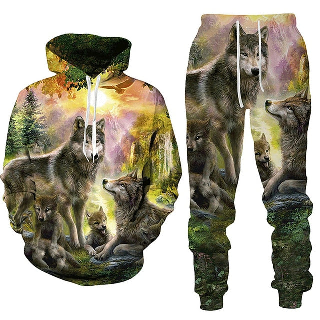 Forest Wolf 3d Printed Hoodie Suit Male Autumn Winter Casual Sweashirts Sweatpants Men Tracksuit Set