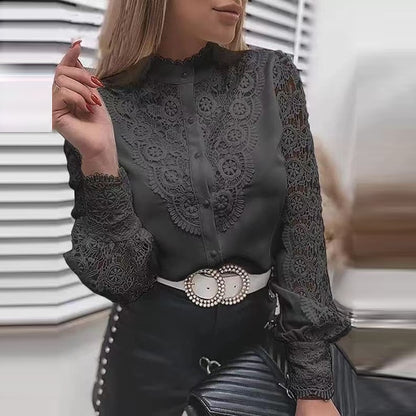 Solid Petal Sleeve Lace Blouse Shirt Office Ladies Stand Collar Patchwork Pullover