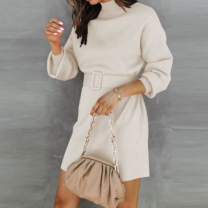 Knit Turtleneck Lantern Sleeve Midi Dress