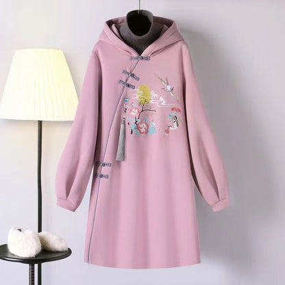 Long Sleeve Embroidery Chinese Style Hoodies Dress