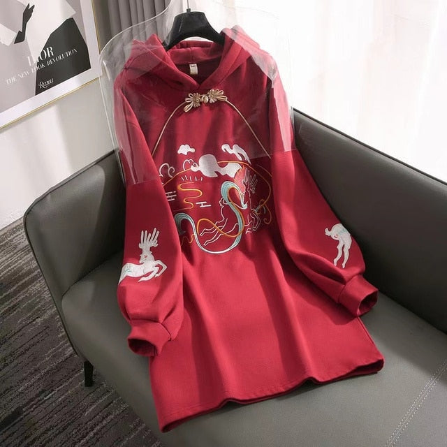 Long Sleeve Embroidery Chinese Style Hoodies Dress