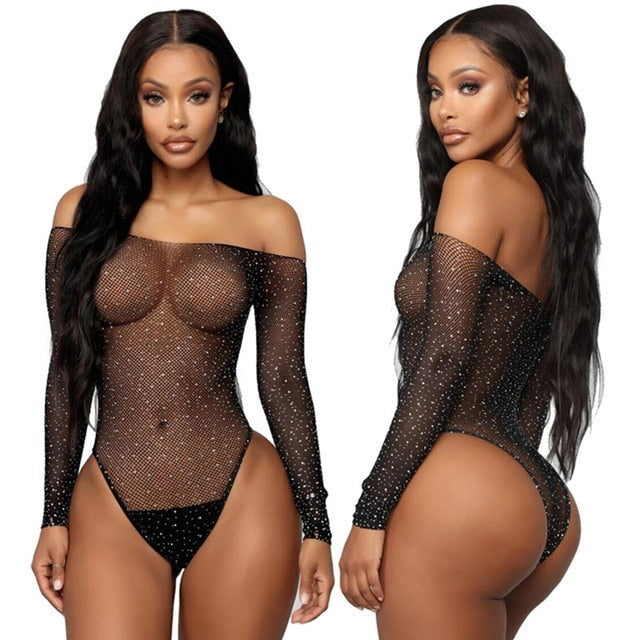 Sexy Bodysuit Black Romper Night Party Sequins Long Sleeves