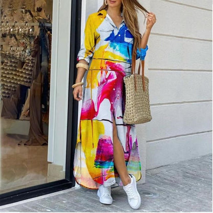 Long Sleeve Maxi Dresses Laides Turn-down Collar Shirt Dress
