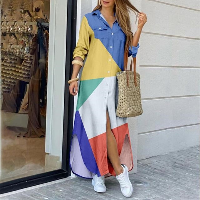 Long Sleeve Maxi Dresses Laides Turn-down Collar Shirt Dress