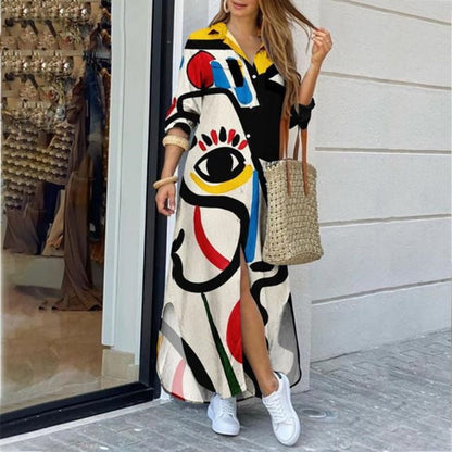 Long Sleeve Maxi Dresses Laides Turn-down Collar Shirt Dress
