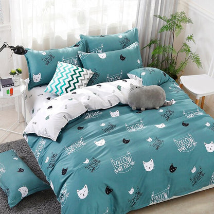 Solstice Home Textile Cyan Cute Cat Kitty Duvet Cover and Pillow Case Bed Sheet