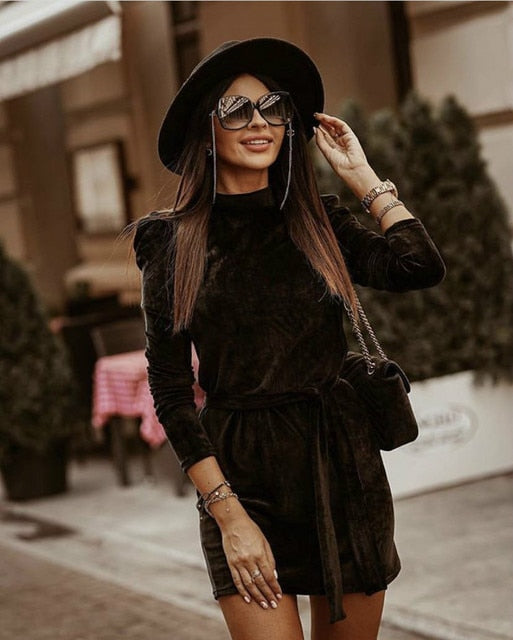 Winter Long Puff Sleeve Velvet Dress For Women - Azahshopping