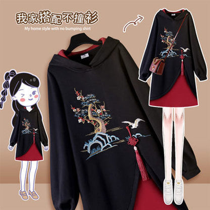 Long Sleeve Embroidery Chinese Style Hoodies Dress