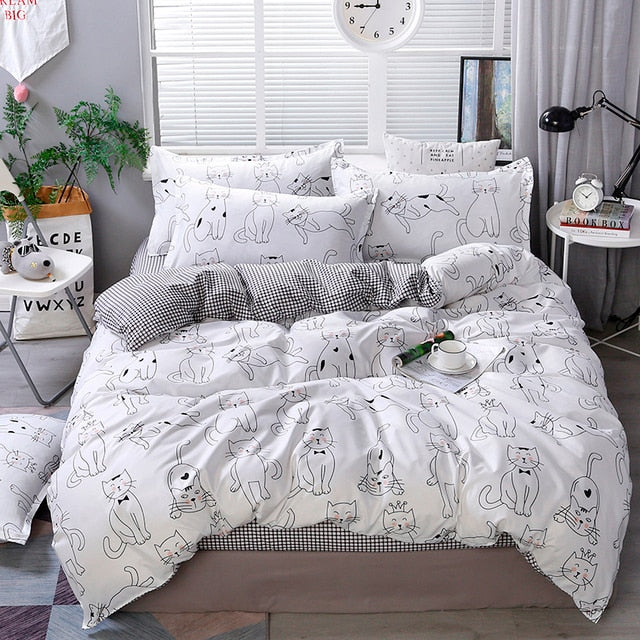 Solstice Home Textile Cyan Cute Cat Kitty Duvet Cover and Pillow Case Bed Sheet