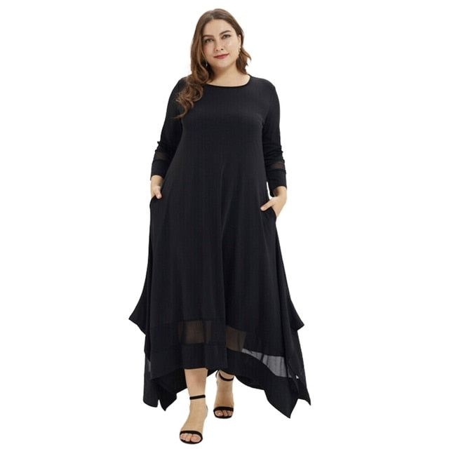 Plus Size Maxi Dress Round Neckline Perspective Long Sleeve Loose Black - Plus Size Dresses