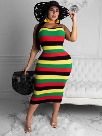 Striped Backless Sleeveless Sheath Wrapped Skirt Square Collar - Plus Size Dresses