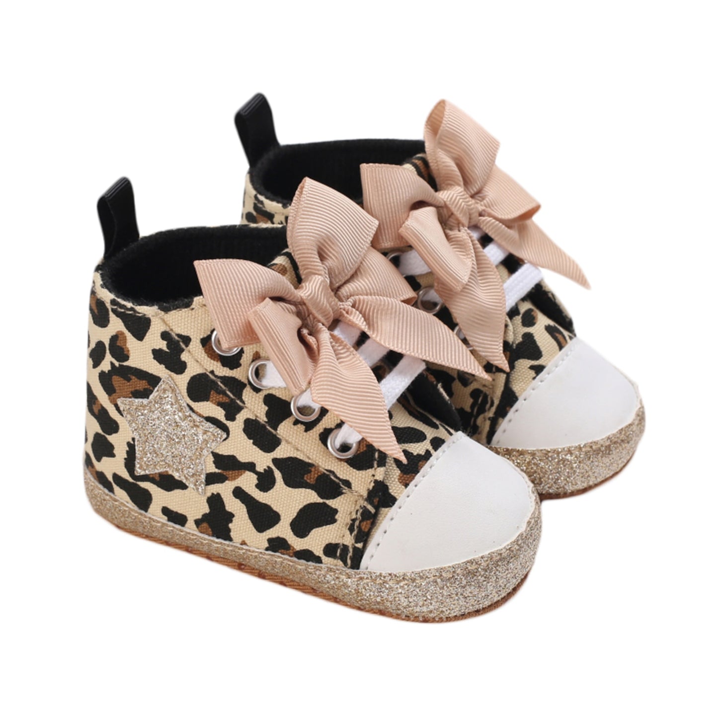 Lioraitiin 0-12M Newborn Baby Girl Boys Shoes Leopard / Star Printed Bowknot Walking Soft-Soled First Walker Shoes