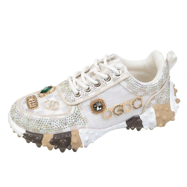 Rhinestone Women Sneakser Ins Tide Diamond Breathable Luxury Designers Casual Thick Bottoms Dad Shoes