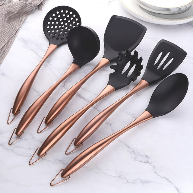 Gold Cooking Tool Set Silicone Head Kitchenware Stainless Steel Handle