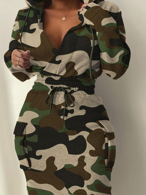 Plus Size Camo Print Side Pocket Cargo Dress V Neck Hooded Sweatshirt Long Sleeve Casual Dress