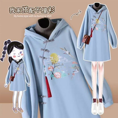 Long Sleeve Embroidery Chinese Style Hoodies Dress