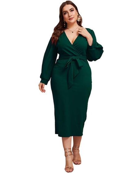 Elegant Long Sleeve Plus Size Deep V Lace Up Midi Bodycon - Plus Size Dress