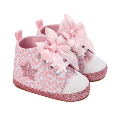 Lioraitiin 0-12M Newborn Baby Girl Boys Shoes Leopard / Star Printed Bowknot Walking Soft-Soled First Walker Shoes