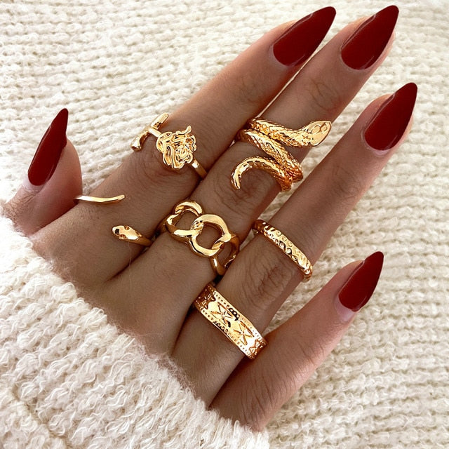 Lats Bohemian Gold Chain Rings Set For Women