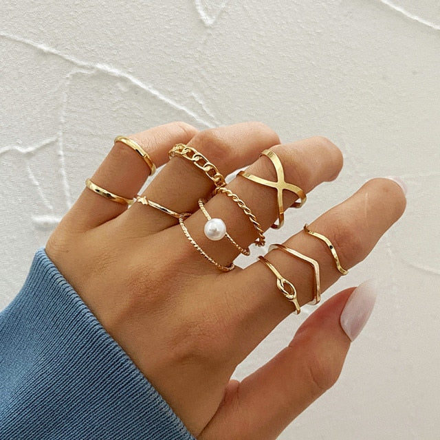 Lats Bohemian Gold Chain Rings Set For Women