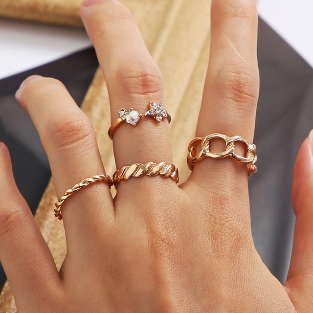 Lats Bohemian Gold Chain Rings Set For Women