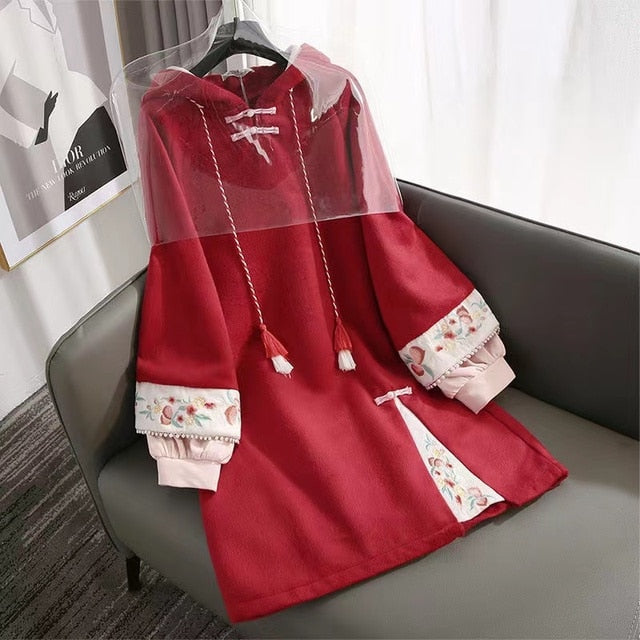 Long Sleeve Embroidery Chinese Style Hoodies Dress