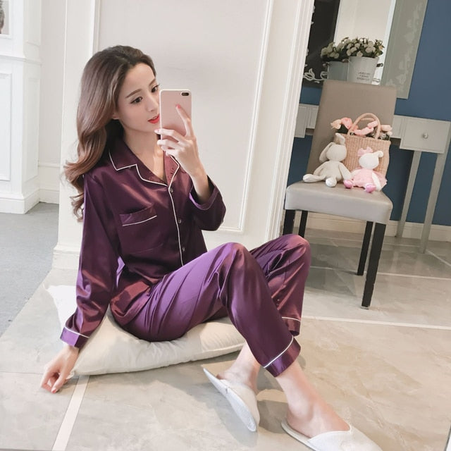 Pajamas Set Satin Silk Sleepwear Turn-down Collar 2 Pieces