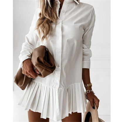 Long Sleeve Pleated Single-breasted Mini Shirt Dress