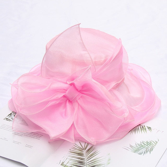 Elegant Bow Lady Hat Summer Organza Wide Brim Sunscreen Kentucky Derby Hats For Women