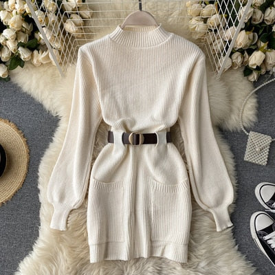 Long Sleeve Winter Knitted Dress With Belt - Azahshopping