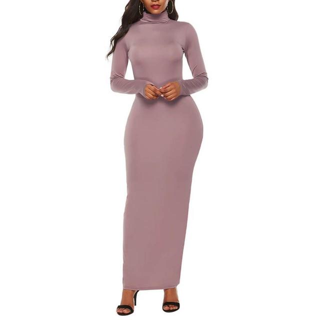 Long Sleeve Turtle Neck Stretchy Bodycon Long Dress - Azahshopping