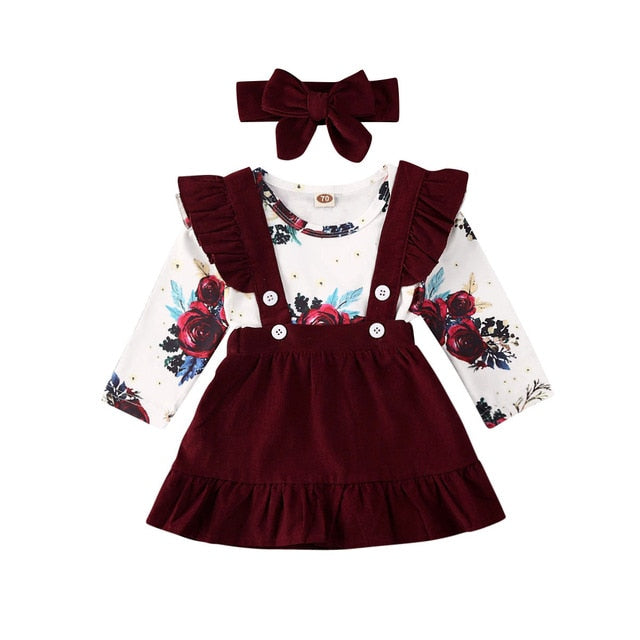 Newborn Baby Girl Clothes Set Floral Bodysuit Romper Jumpsuit Tops T Shirt Suspender Skirts Bow Headband Outfit