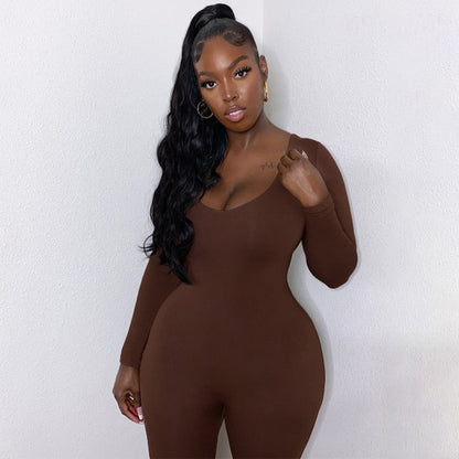 V Neck Bodycon Long Sleeve Jumpsuit