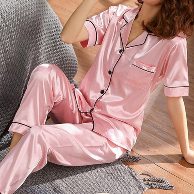 Pajamas Set Satin Silk Sleepwear Turn-down Collar 2 Pieces