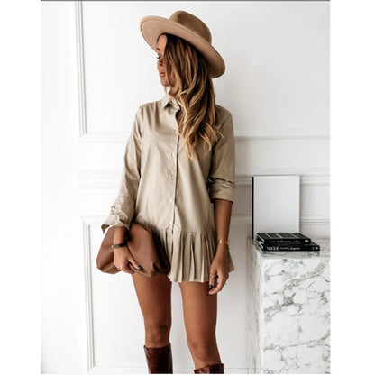 Long Sleeve Pleated Single-breasted Mini Shirt Dress