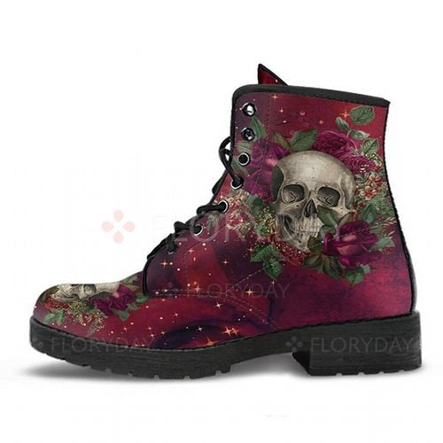 HOT Skeleton Women Snow Ankle Boots Motorcycle Skull Pansy Low Heels Shoes