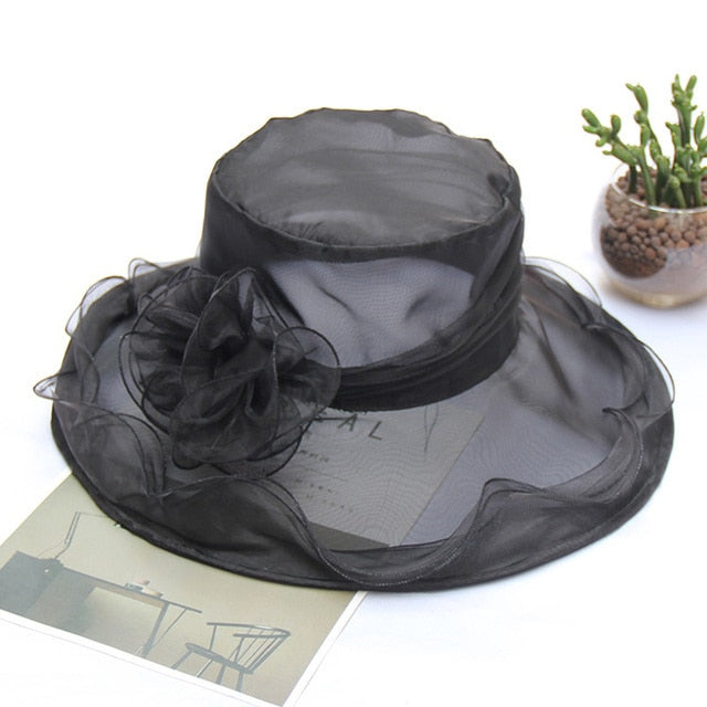 Elegant Bow Lady Hat Summer Organza Wide Brim Sunscreen Kentucky Derby Hats For Women