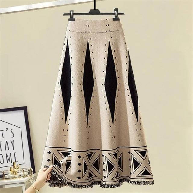 Vintage Jacquard Fringed Knit Skirt