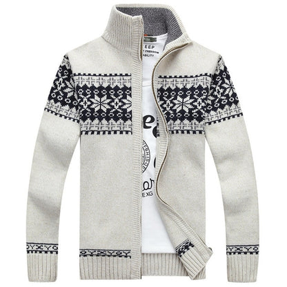 Jacquard Sweater Coat Snowflake Print Knitted Cardigan Turtleneck Full Zip