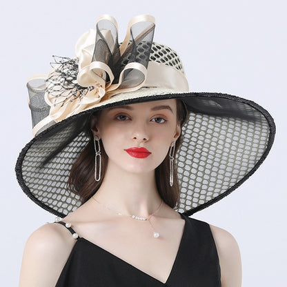 Women 16cm Wide Brim Flower Mesh Sun Hat Lady Bow Summer Beach Hat