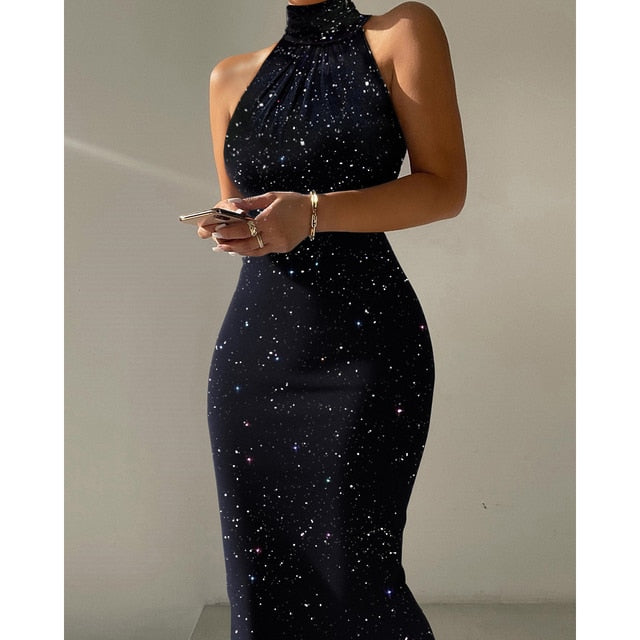 Sexy Slim Fit Glitter High Neck Sleeveless Bodycon Dress