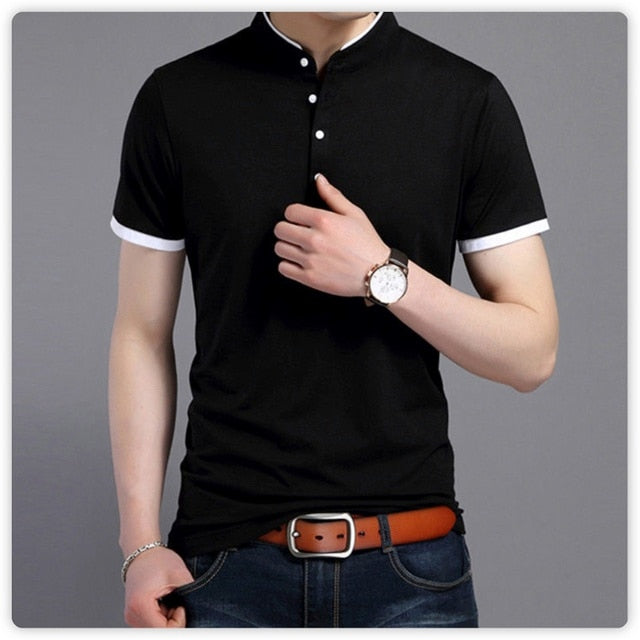 Full Sleeve Tshirt Men Solid Color Mandarin Collar Long Shirt - T-shirts