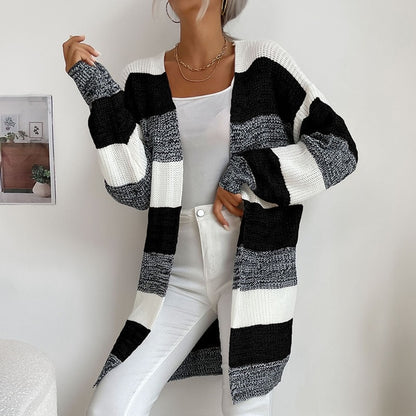 Women Knitted Cardigan Jacket Coat Striped Color - Azahshopping