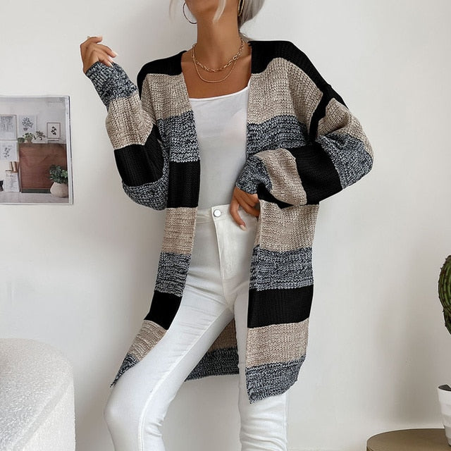 Women Knitted Cardigan Jacket Coat Striped Color - Azahshopping