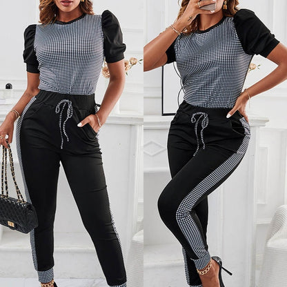 Patchwork Tracksuit Sets Summer Plaid Sweatshirt Top+drawstring Long Pants Set